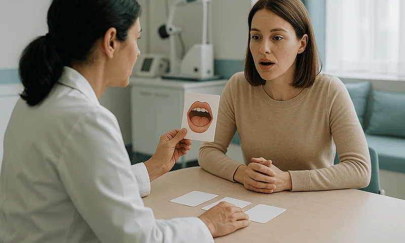 Speech therapist explains aphasia treatment to patient using visual aids.