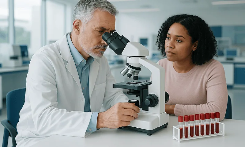Doctor examining blood samples with microscope in a medical lab.