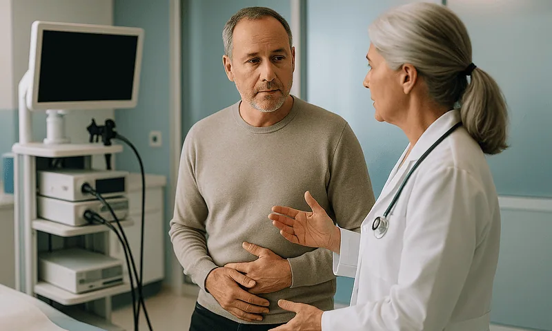 Doctor consulting with a male patient in a hospital room.