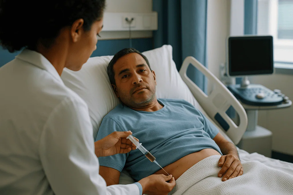 Healthcare provider consulting with patient in hospital bed: Appendix abscess drainage: what happens during the procedure