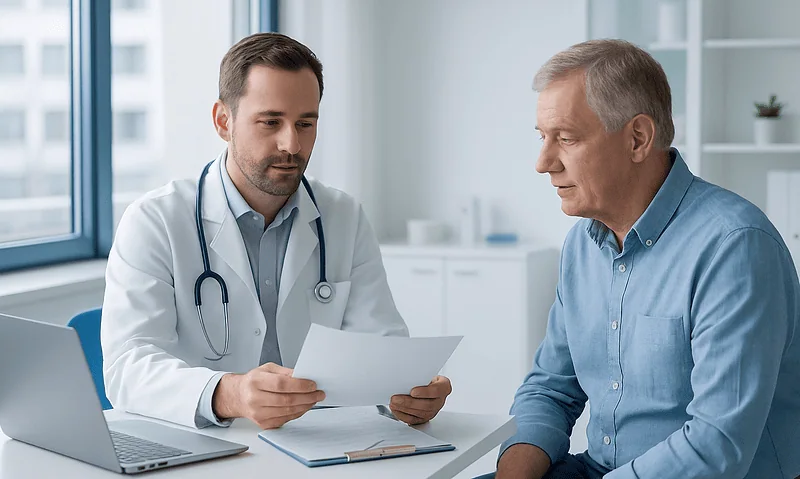 Doctor consulting with an older male patient in a modern clinic setting.