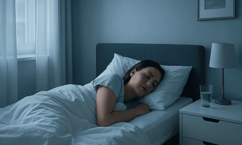 Woman sleeping peacefully in a modern bedroom with soft lighting.