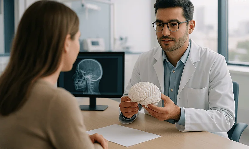 Doctor explaining brain anatomy to patient in a medical consultation.