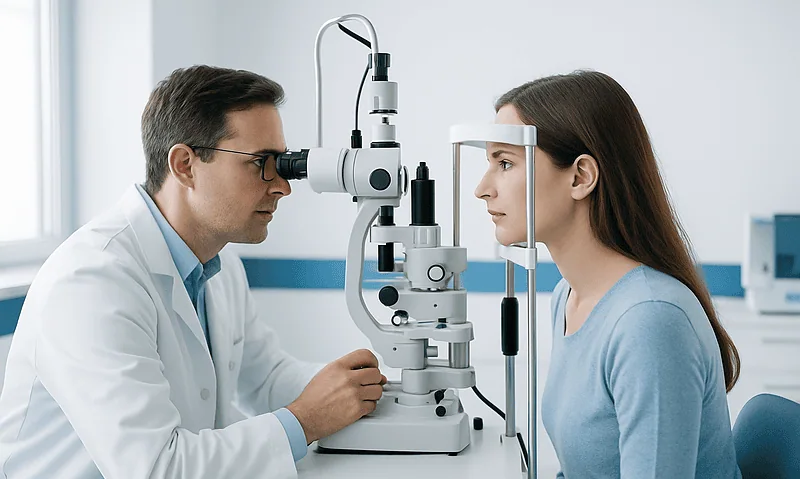 Optometrist examining a young woman's eyes with a slit lamp in a clinic.