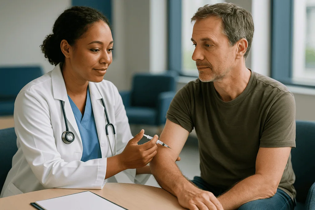 Doctor administering vaccine injection to adult male patient: Are any vaccines actually required to travel?