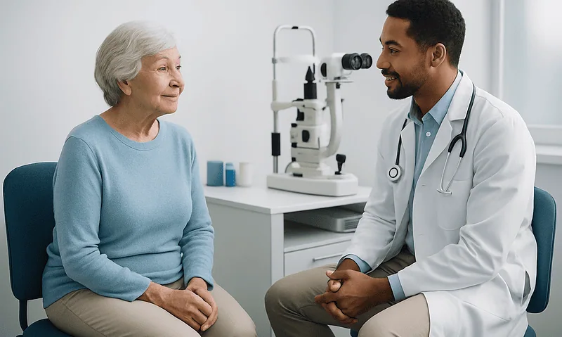 Optometrist consulting with elderly woman in a medical office.