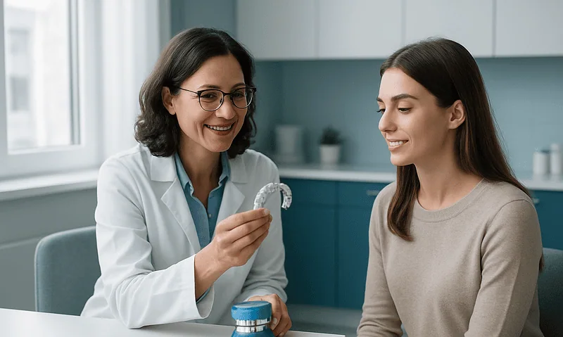 Dentist explaining clear aligners to a patient in a modern clinic.