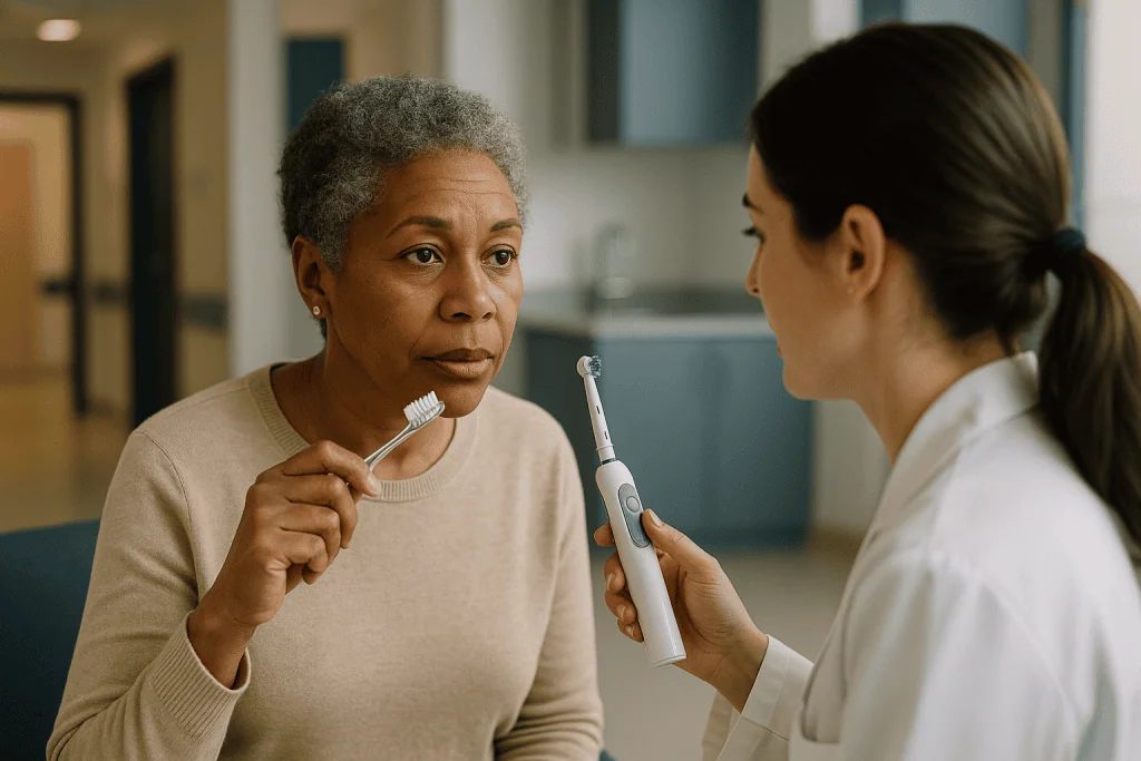 Female dentist demonstrating electric toothbrush to older patient: Are electric toothbrushes really better than manual ones?