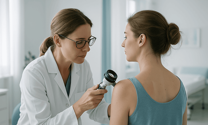 Doctor examining woman's shoulder with a stethoscope in a clinical setting.