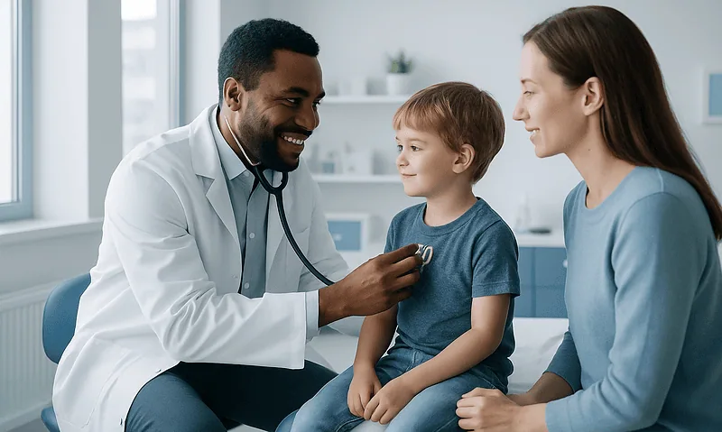 Pediatric dentist examining a young boy with a stethoscope in a modern clinic.