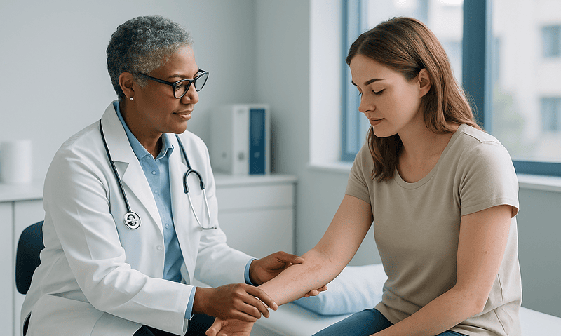 Doctor examining a patient's arm in a medical consultation room.