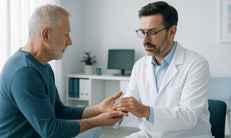 Doctor examining patient's hand in a consultation room.
