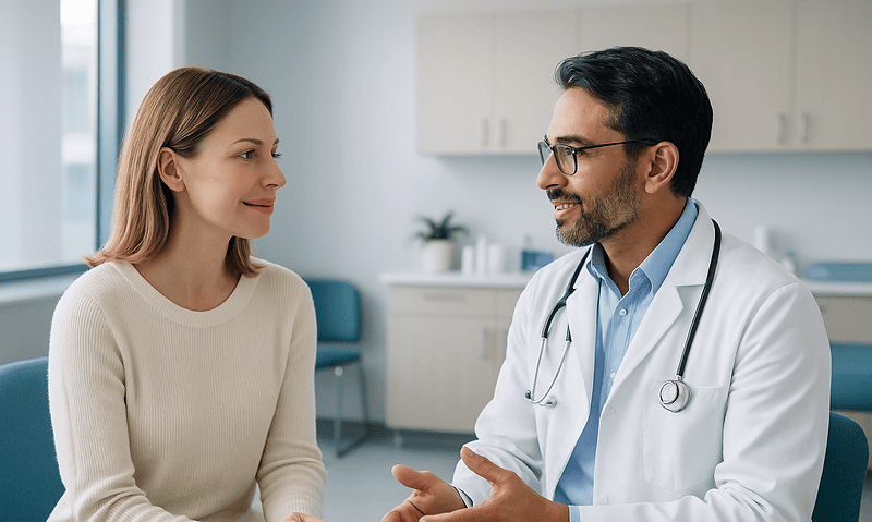 Doctor consulting with a female patient in a modern clinic setting.
