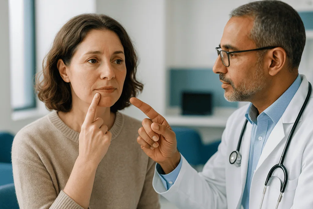 Doctor consulting with female patient in clinical office — Are lip lift scars noticeable? Where the line sits and why