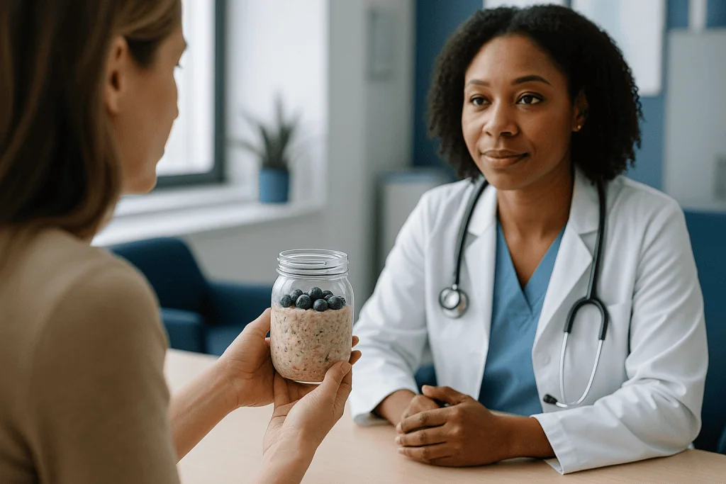 Doctor consulting patient holding overnight oats jar: Are overnight oats healthy? What is actually in the jar