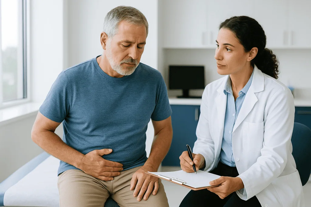 Doctor consulting with middle-aged male patient in clinic: Are UTI symptoms different in men and women?