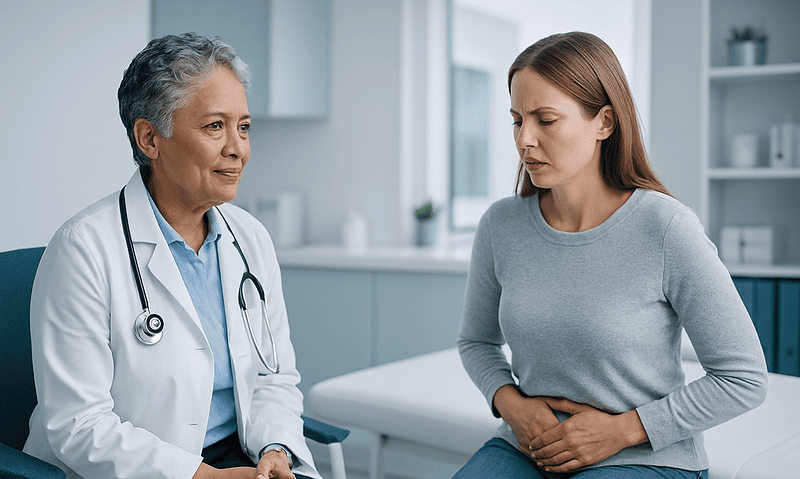 Doctor consulting with a woman about urinary health in a medical office.
