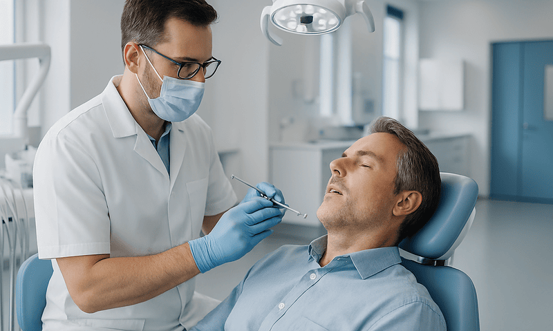 Dentist examining a patient in a modern dental clinic.