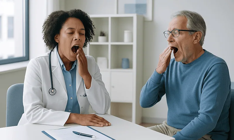 Doctor and patient yawning in a medical consultation room.