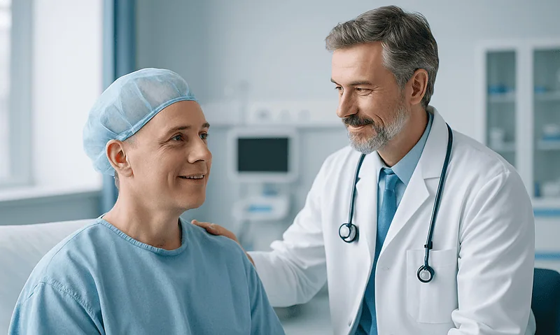 Doctor comforting patient in hospital room, healthcare setting.