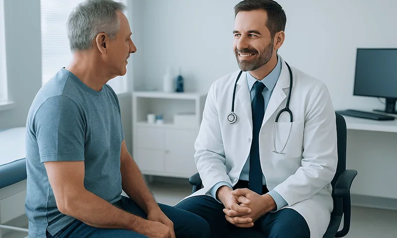 Urologist consulting with an elderly male patient in a medical office.