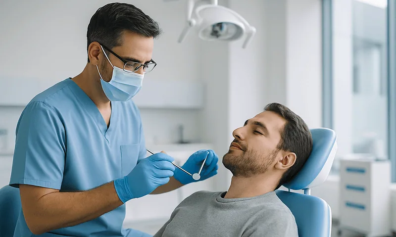 Dentist examining patient's teeth in a modern dental clinic.