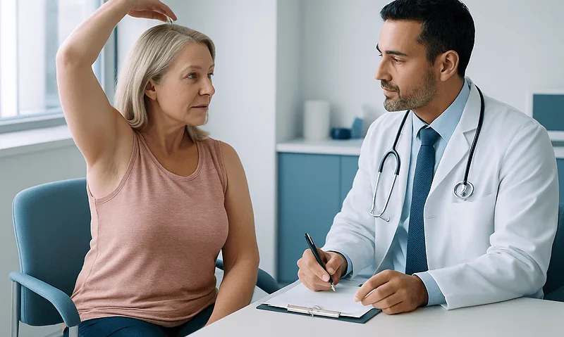 Doctor consulting with a woman about arm lift surgery options at Acibadem Hospital.