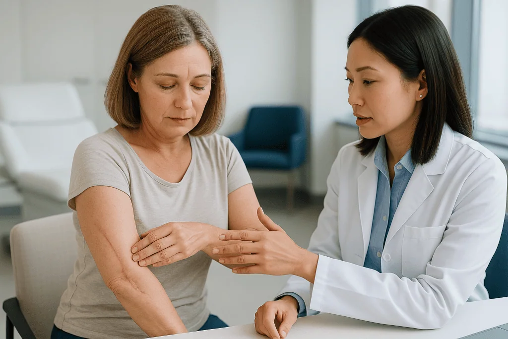 Doctor examining patient's arm during medical consultation: Arm lift scar revision: what can realistically be changed