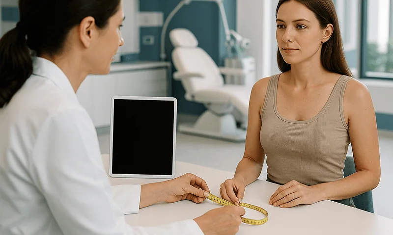 Doctor consulting with patient in a modern medical clinic setting.