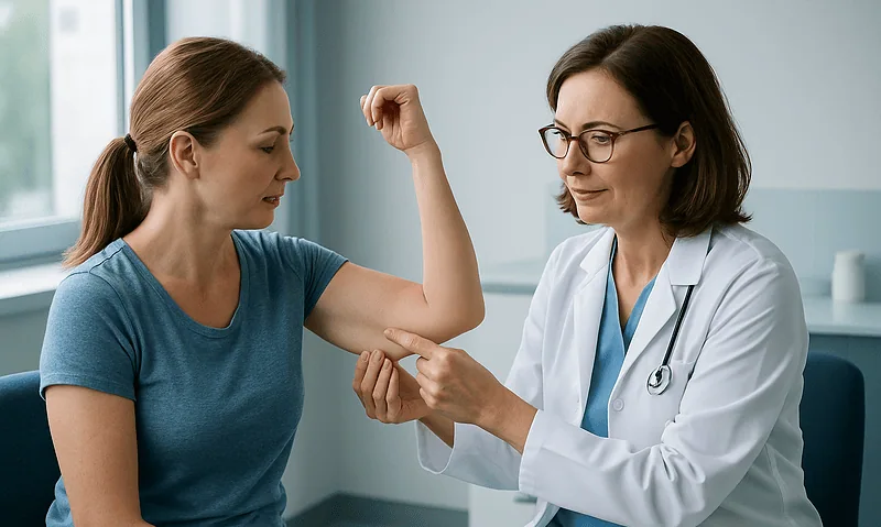 Doctor examining patient's arm for liposuction recovery signs.