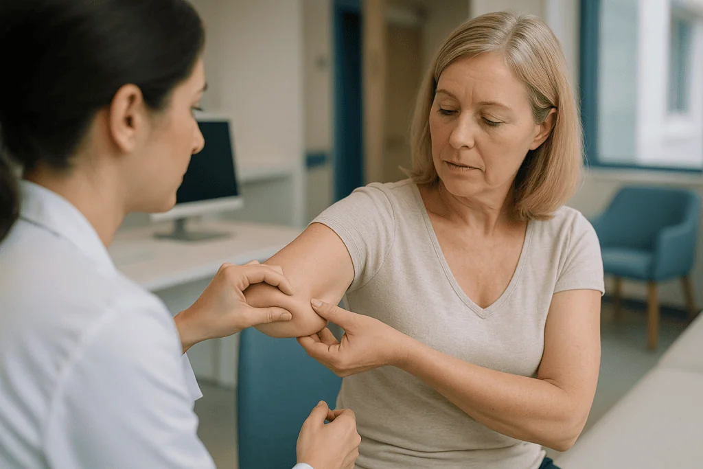 Healthcare professional examining patient's arm skin: Arm liposuction skin elasticity: the variable that decides the result