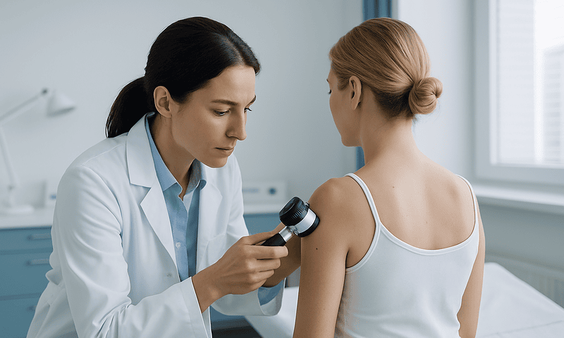 Doctor examining patient's arm with a dermatoscope in a clinical setting.
