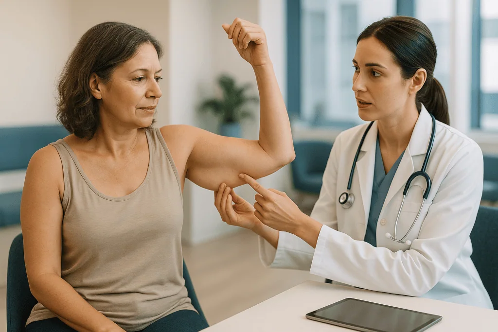 Doctor examining patient arm during consultation: Arm liposuction vs arm lift: the side-by-side comparison