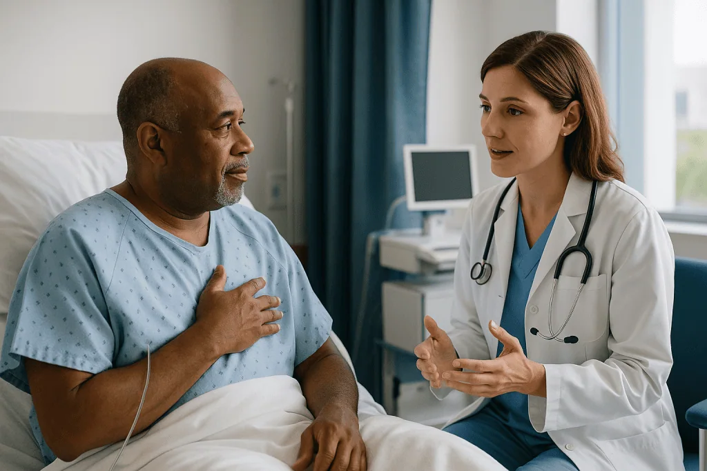 Doctor consulting with patient in hospital room: Arrhythmia ablation: what to expect on the day, from check-in to the lab