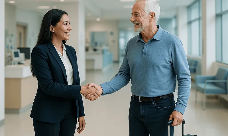 Hospital staff greeting a patient with a handshake in a modern hospital lobby.