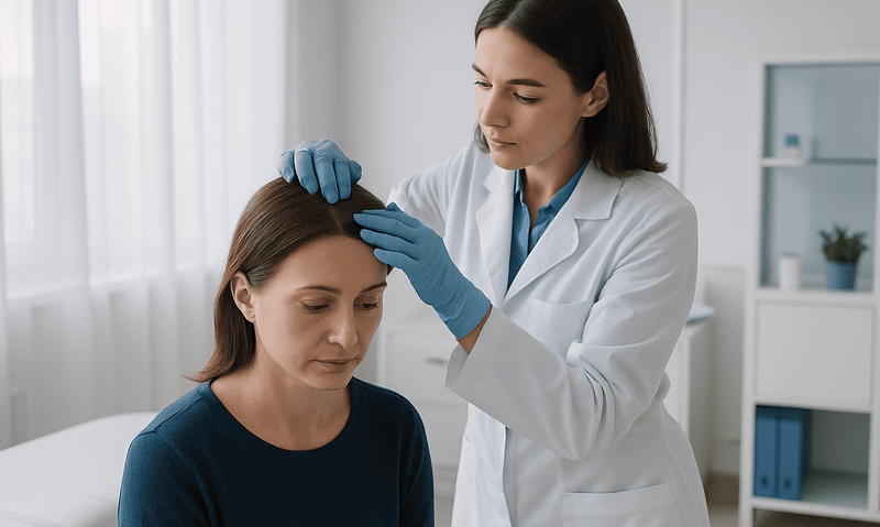 Doctor performing a hair examination on a patient in a clinical setting.