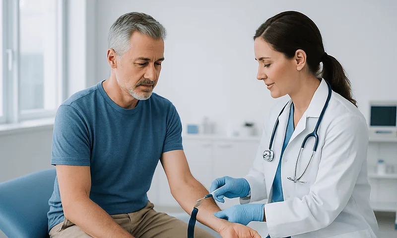 Doctor taking blood pressure of a male patient in a clinical setting.