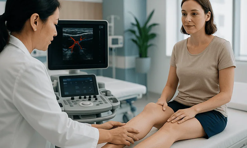 Doctor examining patient's leg with ultrasound in hospital setting.