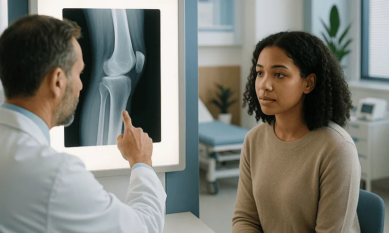 Doctor explaining knee X-ray to young female patient in clinic.