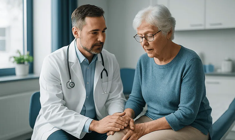 Doctor consulting with an elderly woman about arthritis treatment options.