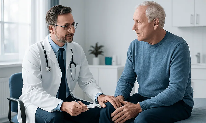 Doctor consulting with an elderly patient in a medical office.