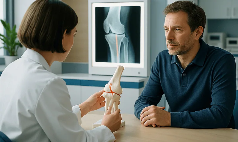 Doctor explaining knee X-ray to patient in a medical consultation.