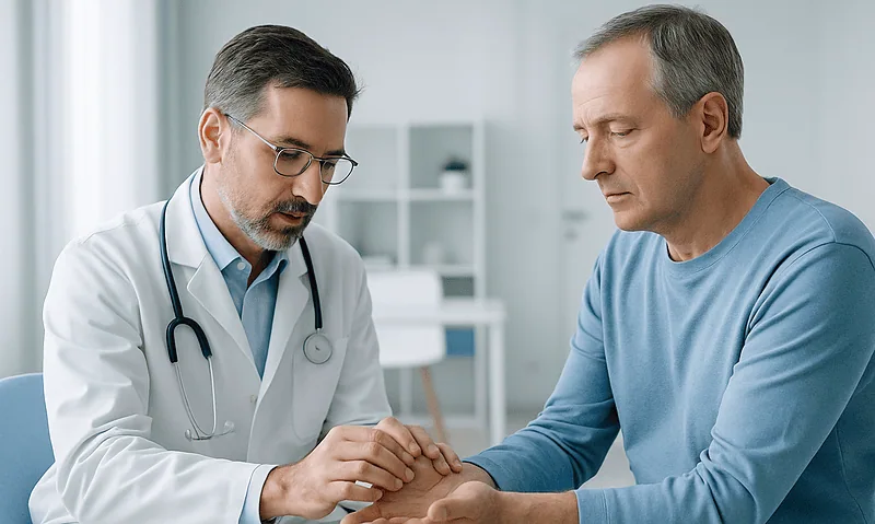 Doctor examining patient's hand for joint issues in a clinical setting.