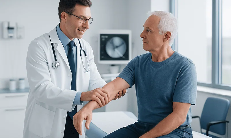 Doctor shaking hands with a patient in a medical consultation room.