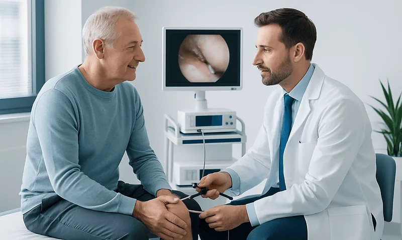 Doctor examining elderly patient's knee during arthroscopy consultation.