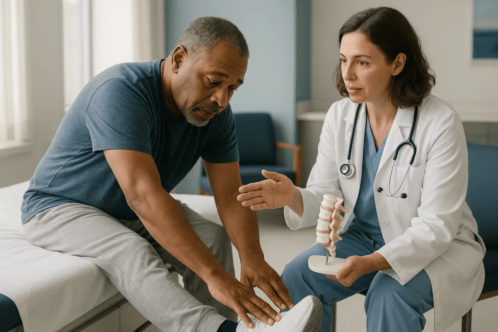 Doctor consulting patient about spine model: Artificial disc lifespan: what the long-term evidence actually shows
