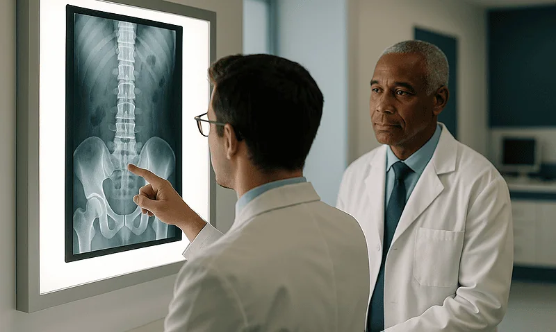 Doctor explains spinal X-ray to a patient in a hospital setting.