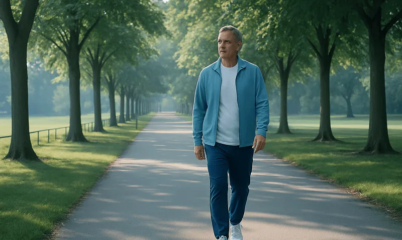 Man walking in park after artificial disc replacement surgery.