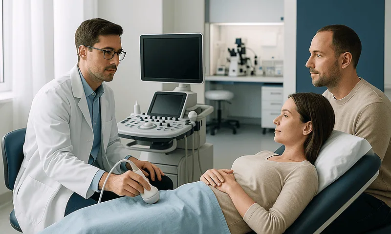 Doctor consulting with pregnant woman in a medical examination room.