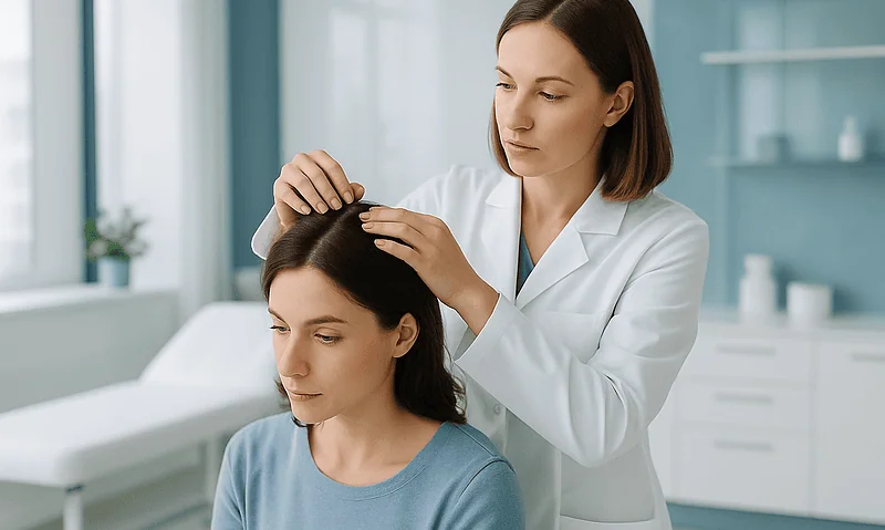 Medical professional examining a patient's scalp in a clinical setting.